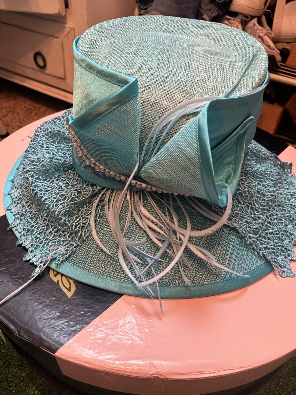 Champagne Italy Aqua Women's Dress Hat with Decorative Trim and box